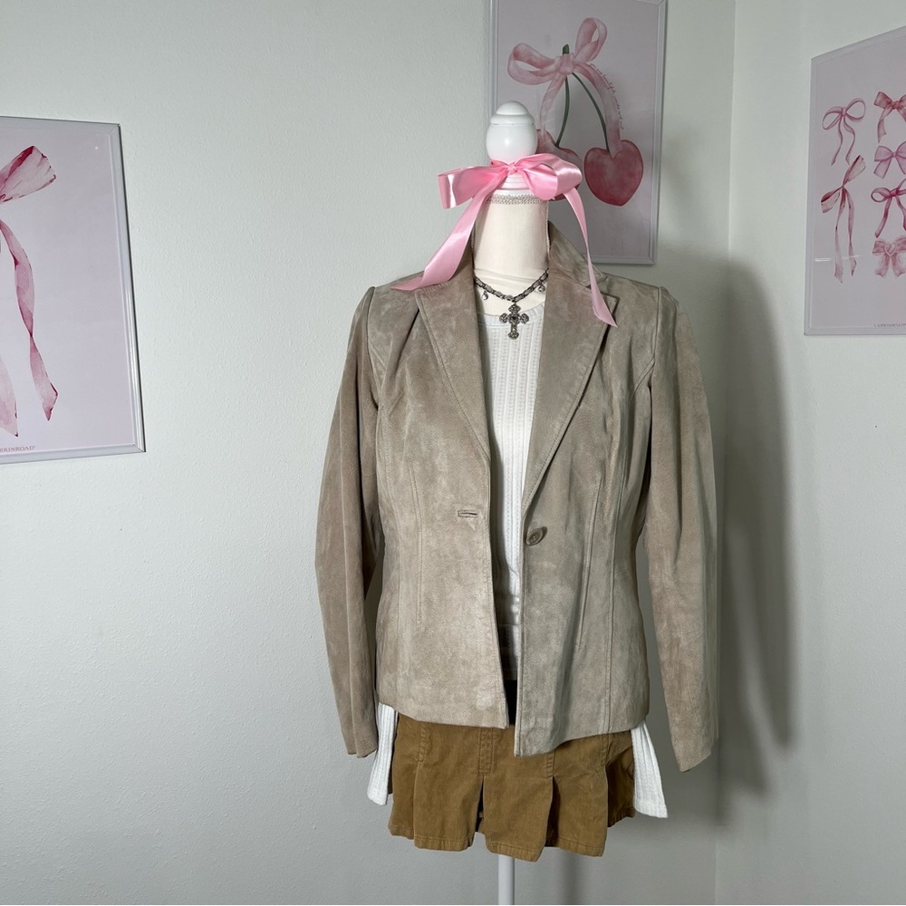 Vintage 90s Cream Beige Genuine Leather Suede Button‎ Blazer Coat Womens Medium